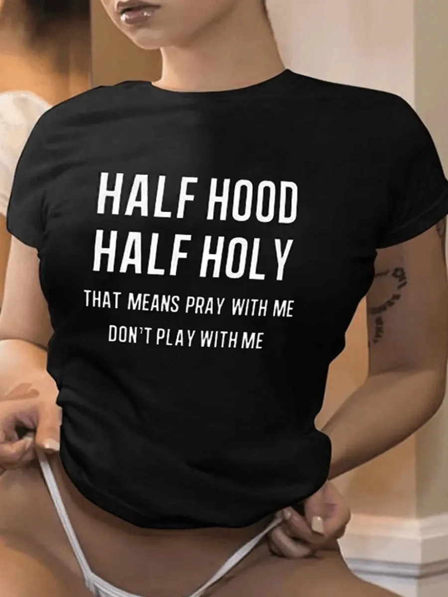 

LW Plus Size Women Clothing Tops Summer Outfits Half Hood Letter Print Round Neck T-shirt