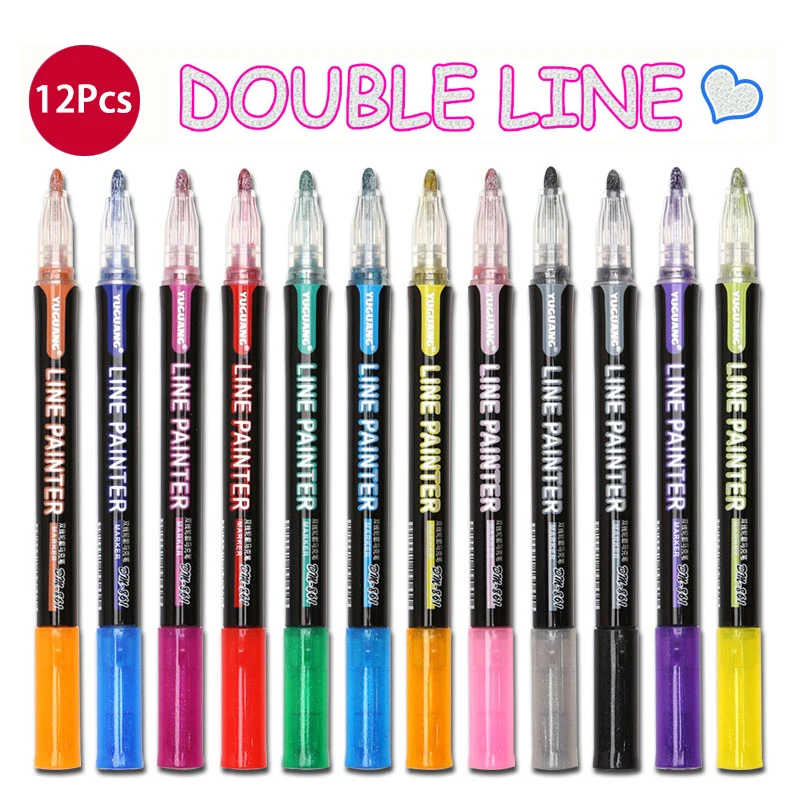 8Pcs/12Pcs Color Double Line Outline Art Marker Pen Scrapbook Poster Cards Painting Writing Drawing Graffiti Glitter Highlighter