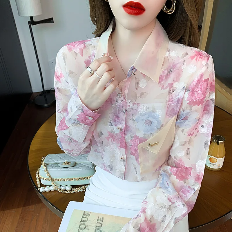 

Женская тонкая шифоновая блузка из органзы с длинным рукавом