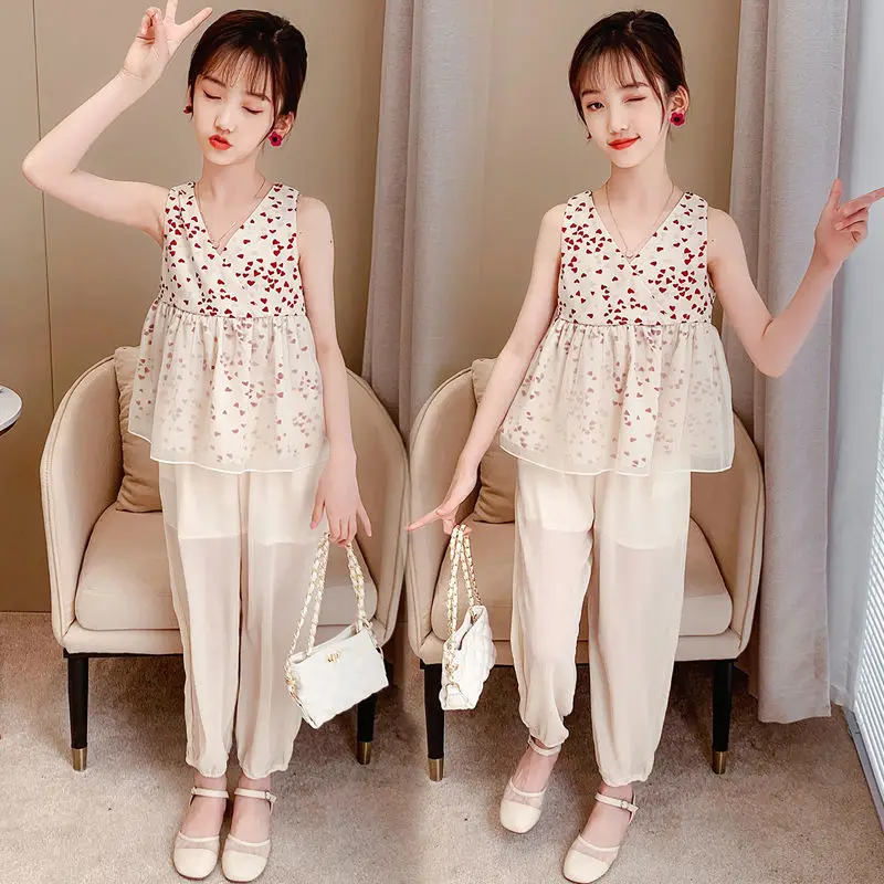 

2022 летний комплект одежды для девочек, рубашка без рукавов с принтом + штаны, костюм для девочек, повседневная одежда, костюм, Детские наряды ...