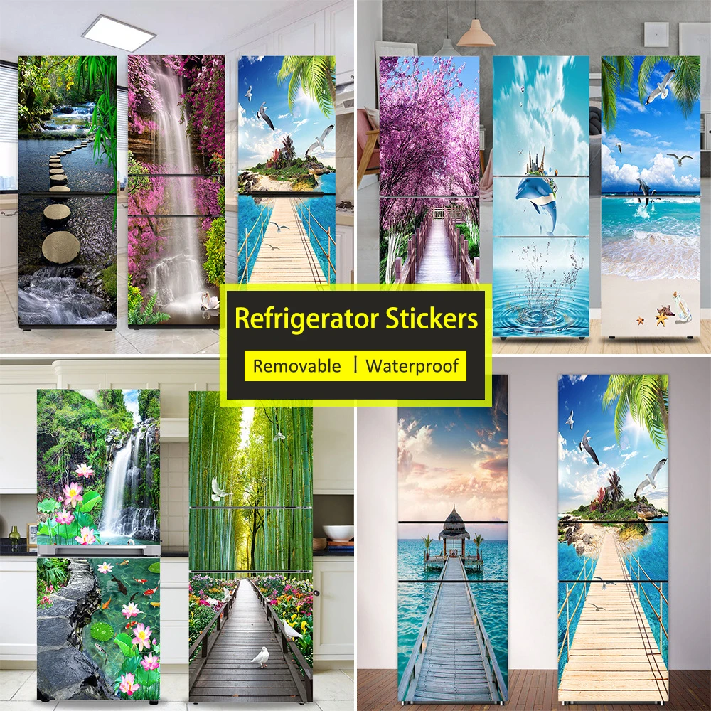 

Seaside Beach Fridge Sticker Full Door Cover Self-adhesive PVC Landscape Forest Kitchen Refrigerator Freezer Wallpaper Art Mural
