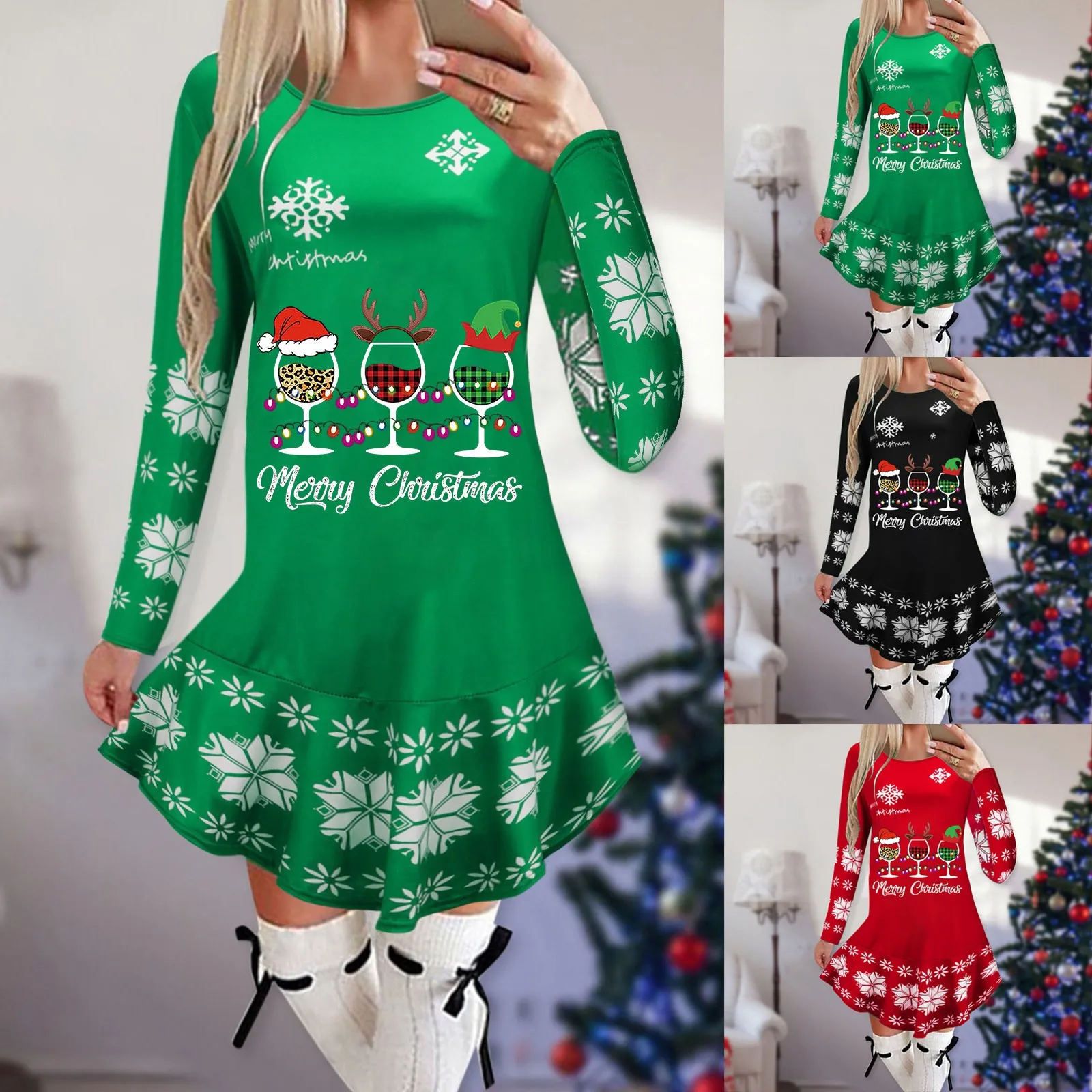 

Женские рождественские платья с круглым вырезом и длинными рукавами, повседневные платья с поясом для женщин, платье для грудного вскармли...