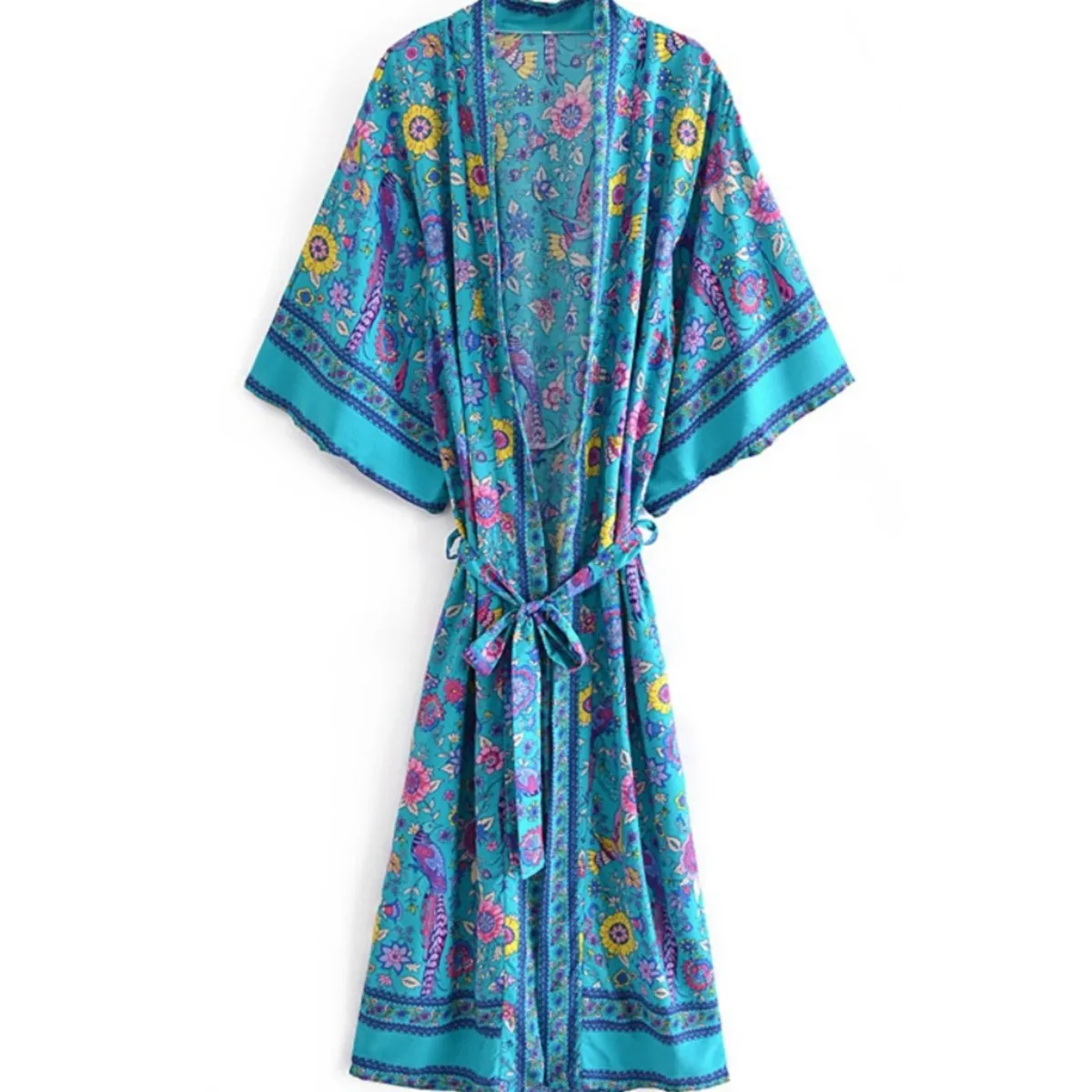 

Женская Пляжная накидка с цветочным принтом, зеленое кимоно в богемном стиле с поясом и рукавами «летучая мышь»