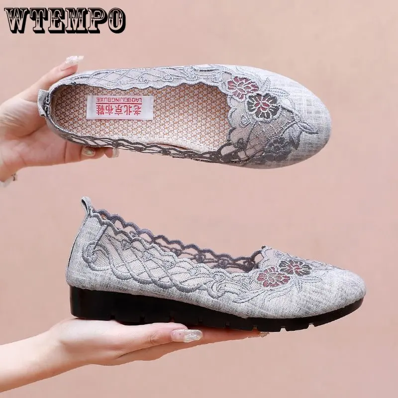 WTEMPO Women's Floral Hollow Out Shoes Embroidery Retro Casual Feetwear Classic Flats Vulcanize Shoes Wholesale Dropshipping