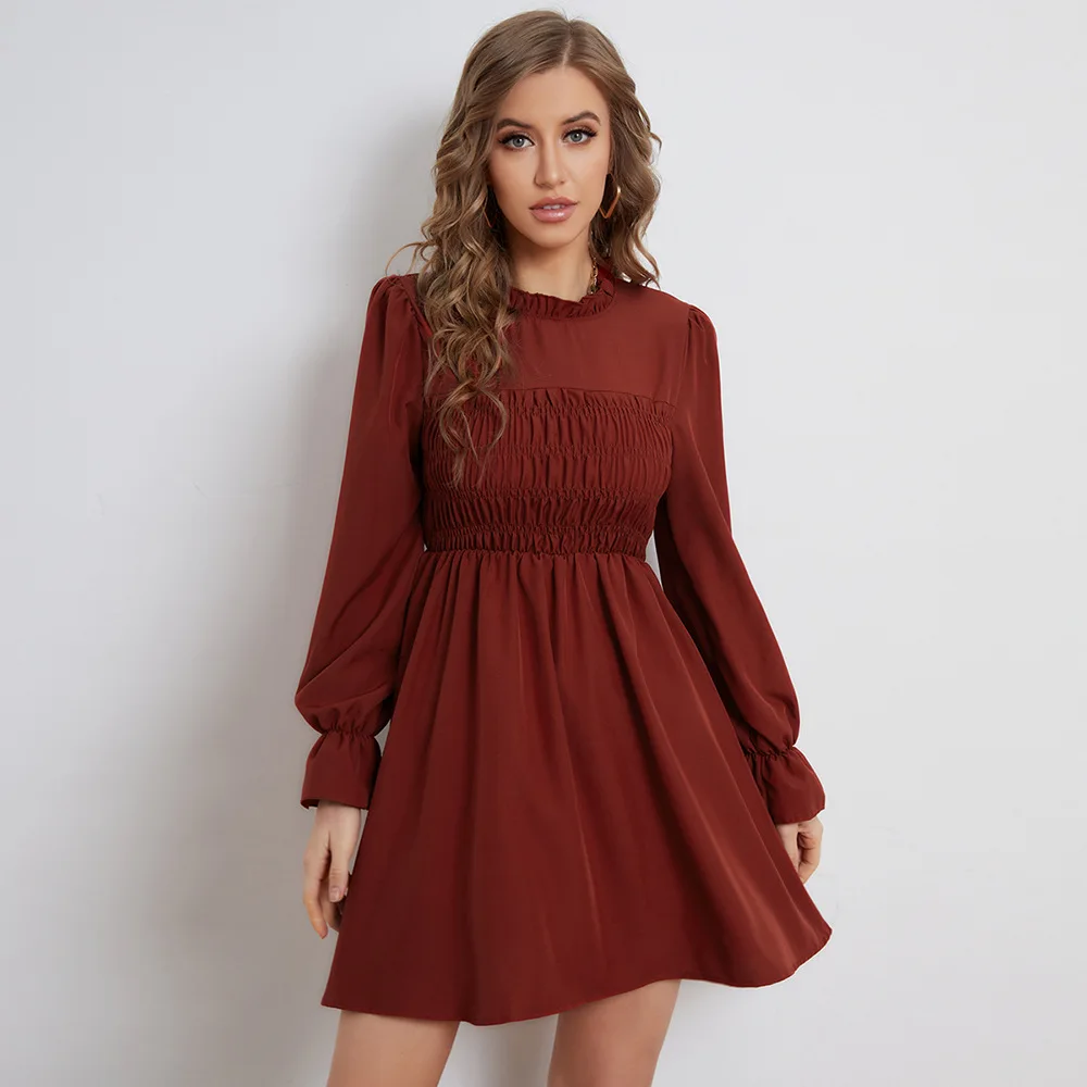 

Spring 2022 new pleated long sleeve solid color ladies temperament dress female bodycon summer dress