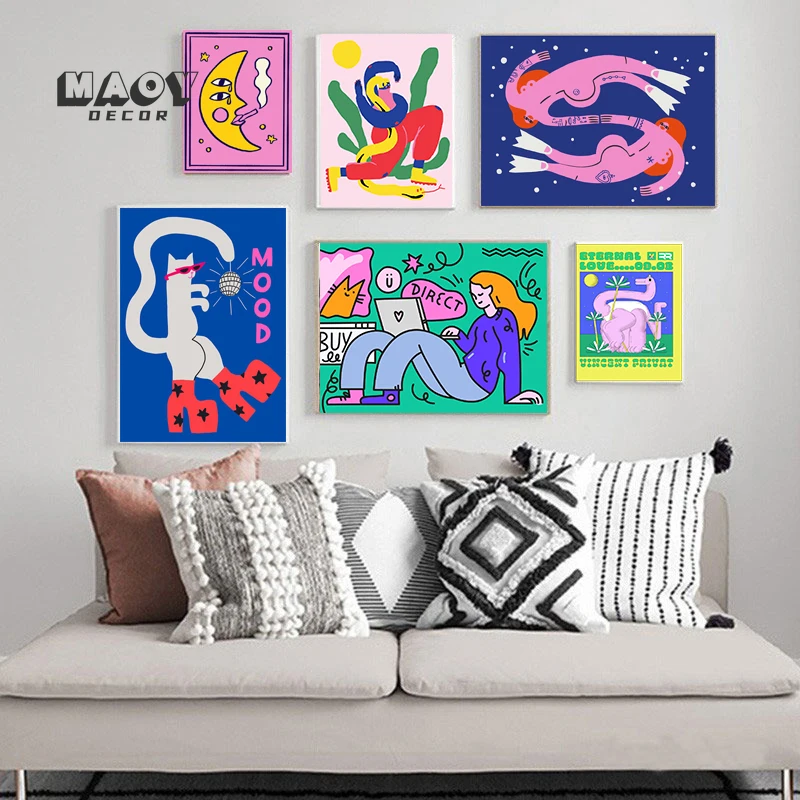 Cartoon Cat Mood Pisces Aries Kraft Paper Poster Print Abstratc Body Moon Lady Wall Art Pictures for Kid Bedroom Nordic Decor
