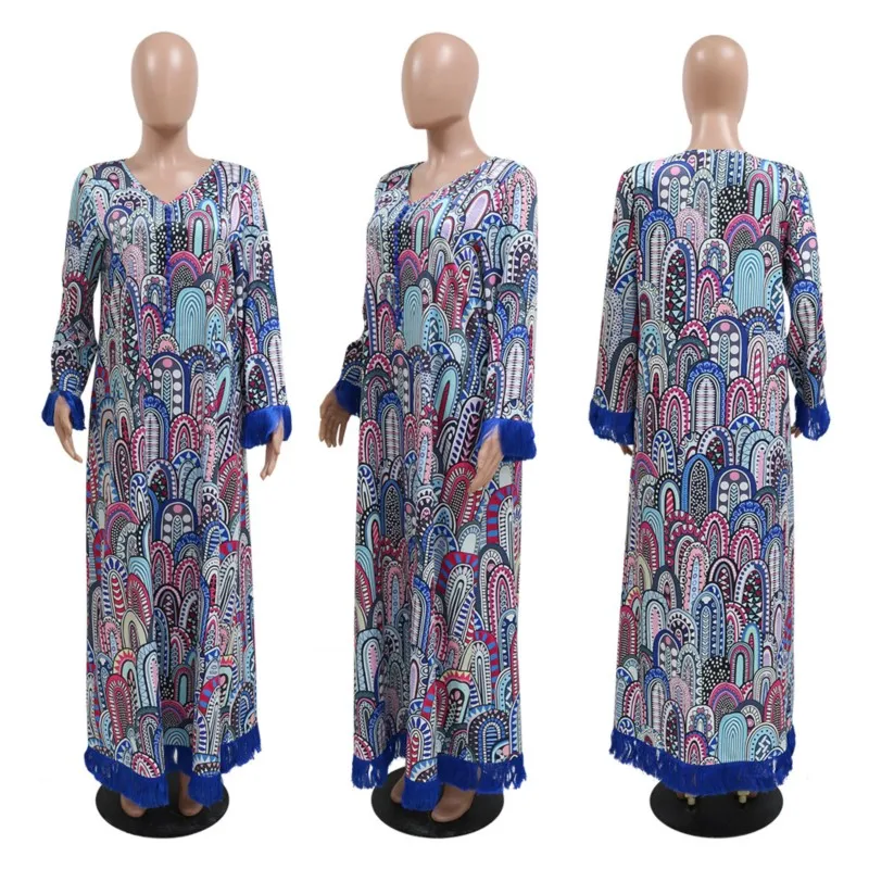 Muslim Maxi Dress Elegant Casual Women Robe African Dress Arabian National Costume Printed Tassel Long Sleeve Dress 2023 Vestido