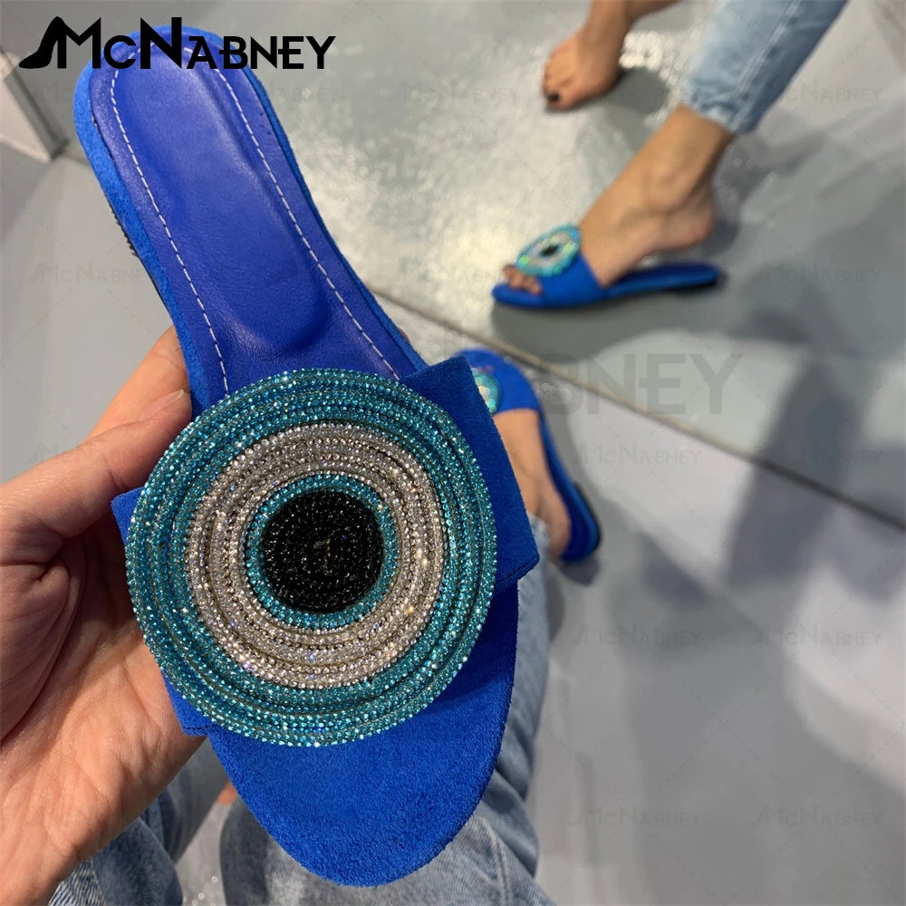 Blue Eyes Rhinestones Suede Slippers Gradient Diamond Flat Slippers Luxurious Bling Bling Summer Shoes for Women Custom Color