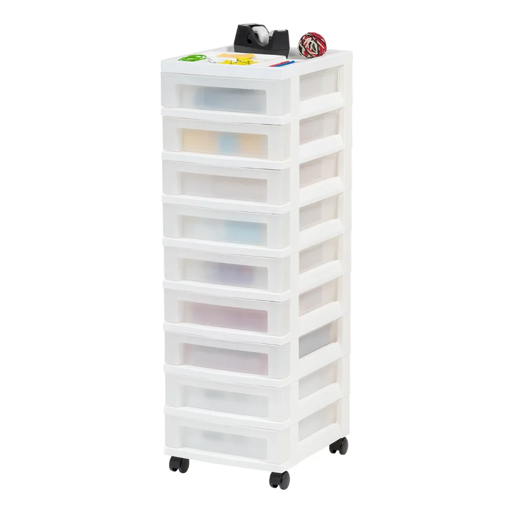 

9-Drawer Plastic Storage Cart with Organizer Top & Wheels, Adult, White/Pearl