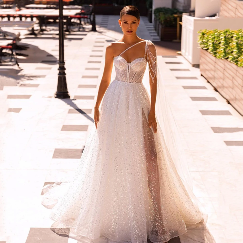 

Simple Bride Gown One Shoulder Sweetheart Tulle Sequined Illusion Vestido De Noiva Sexy Side Split Beading Lace Up Wedding Dress