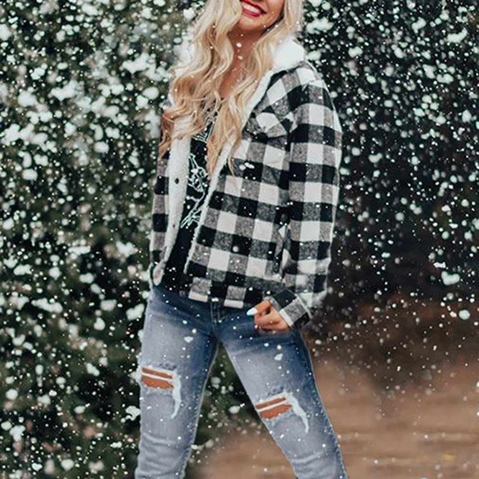 

Женская теплая зимняя куртка в клетку, на молнии, с отложным воротником