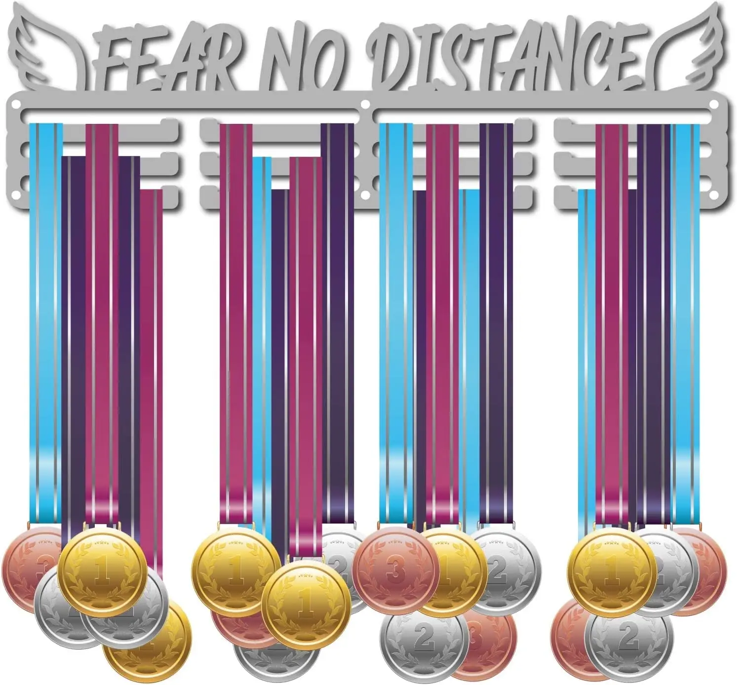 

Fashion Iron Medal Hanger Holder Display Wall Rack, with Screws, Word FEAR NO DISTANCE, Wing Pattern, 115x400mm
