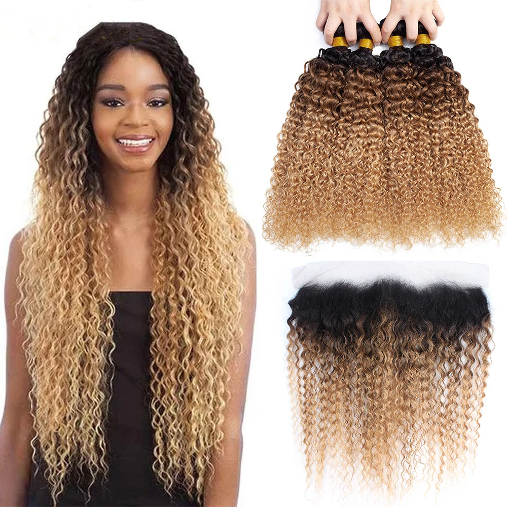 Kinky Curly Brazilian Human Hair Weave Bundles With Closure Blonde 1B/30/27 Remy Ombre Hair Bundles With Lace Frontal Closure