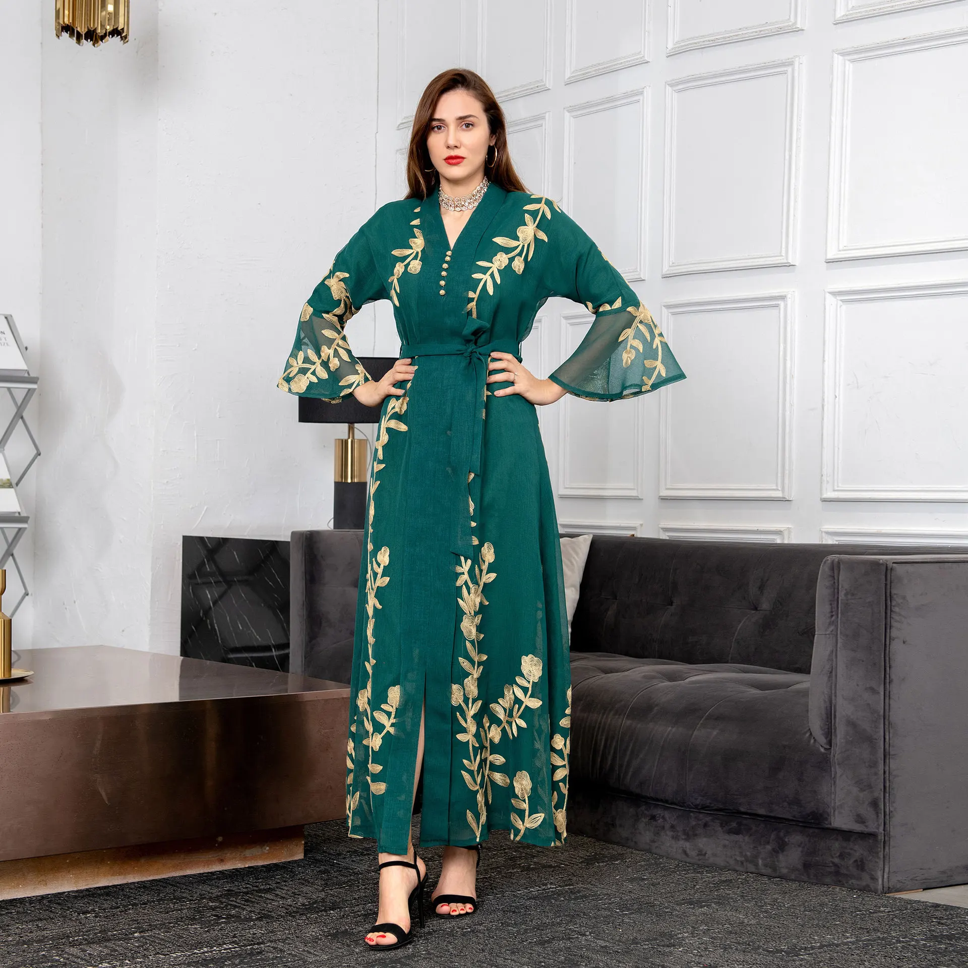Muslim Open Abaya Dubai Jalabiya Linene Fabric Islam Modest Clothing Moroccan Kaftan Robe Arab Caftan Party Dresses for Women