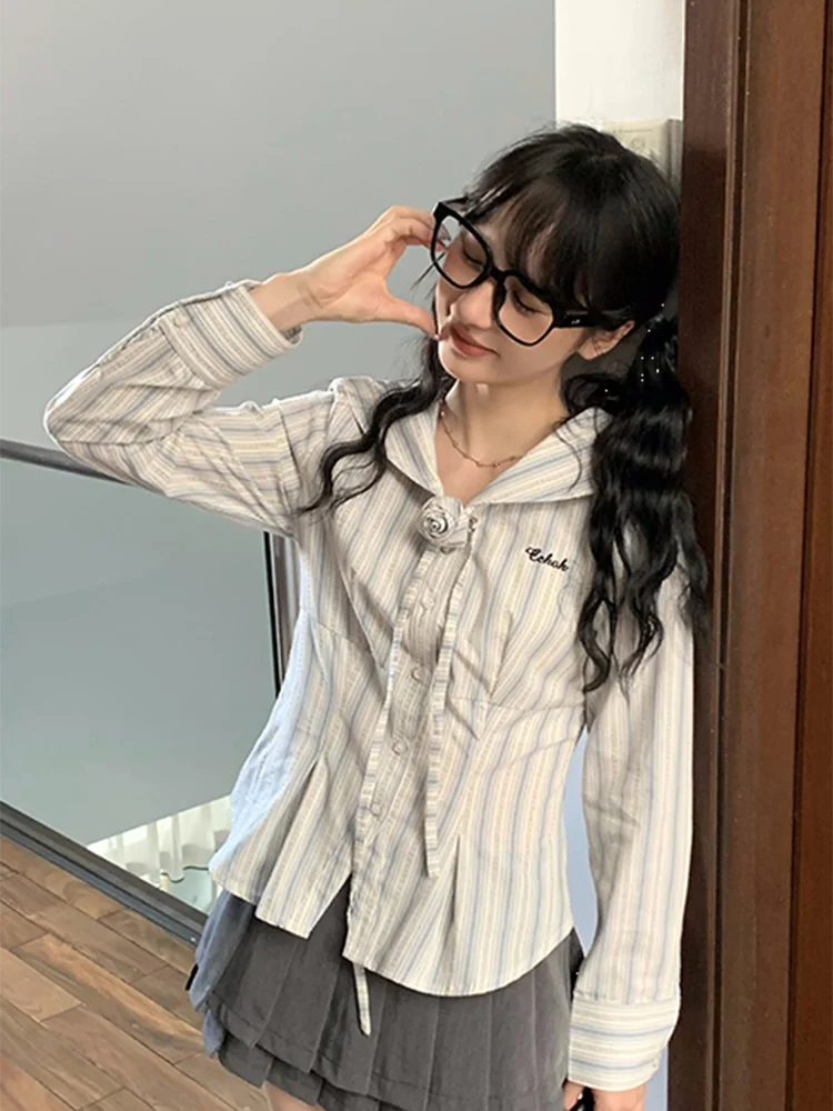 Zoki полосатые рубашки с матросским воротником женские корейские тонкие блузки