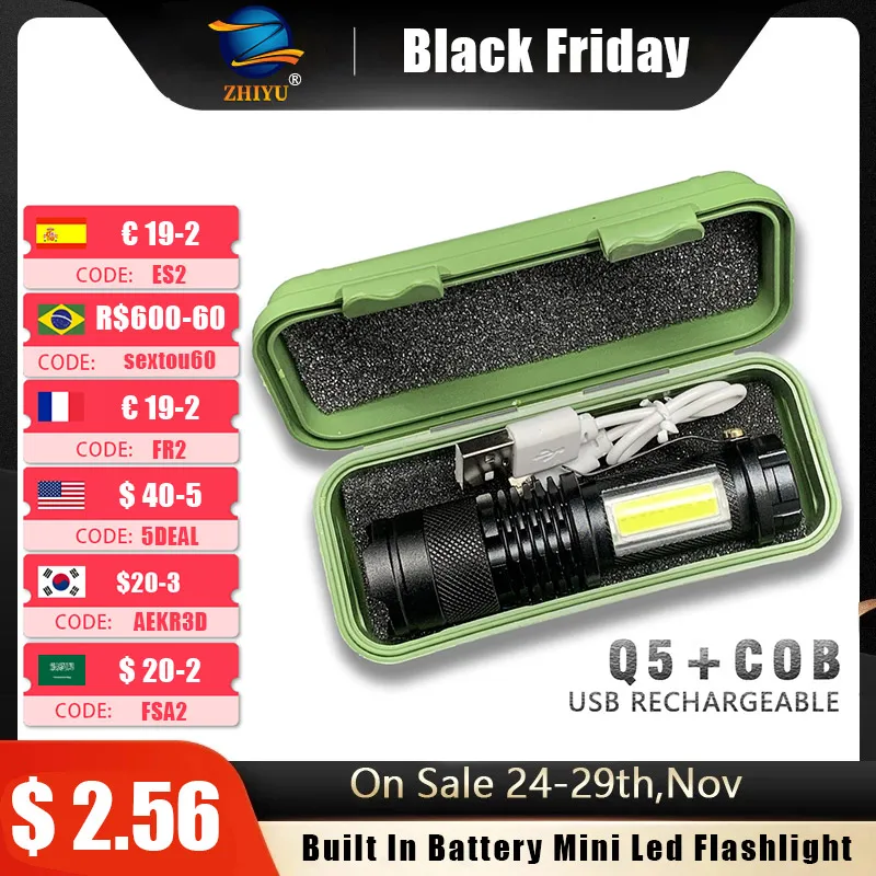 Built In Battery Q5 Portable Mini Led Flashlight Zoom Torch COB Lamp 2000 Lumens Adjustable Penlight Waterproof for Outdoor