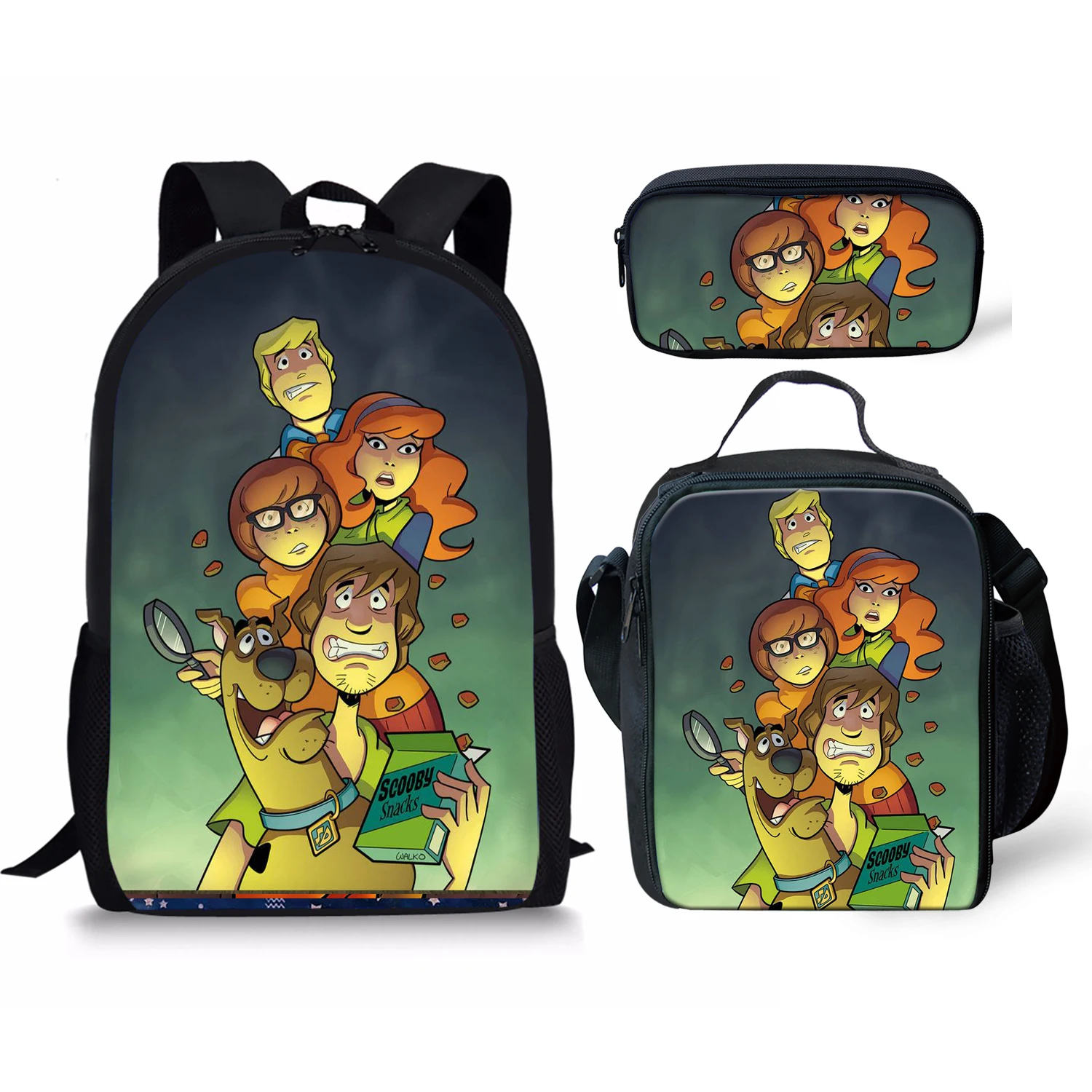 Ghostbusters Scooby Print Backpack Pencil & Lunch Bag Set Portable Travel Children's Knapsack Durable Large Capacity School Bags