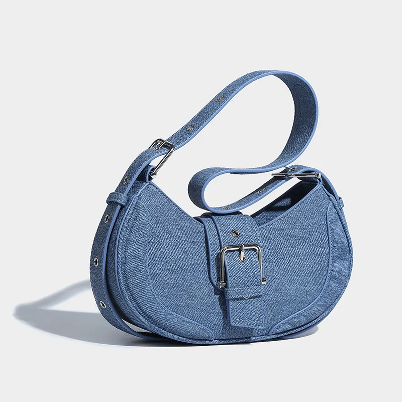 LOERSS Denim Bag for Women's Vintage Shoulder Bag Fashion Denim Design Half Moon Bag Casual Female Underarm Bag Adjustable Bag