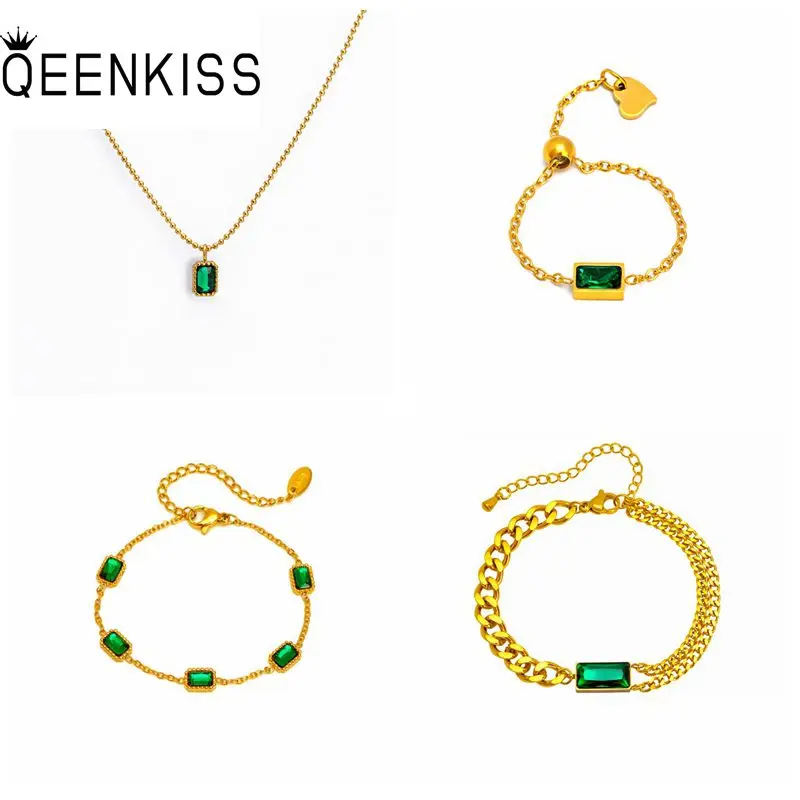 

QEENKISS JS811 Wholesale Fashion Party Birthday Wedding Gift Zircon Titanium Stainless Steel Necklace+Bracelet+Ring Jewelry Set