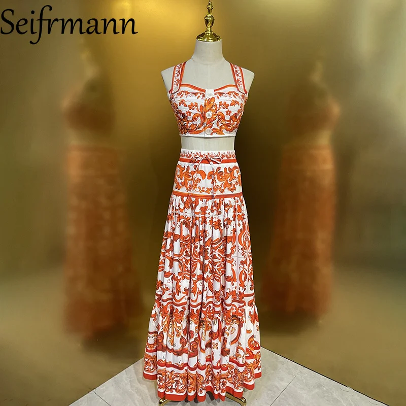 Фото Повседневный костюм Seifrmann из двух предметов: топ без рукавов с квадратным вырезом и принтом, юбка с высокой талией. №2
