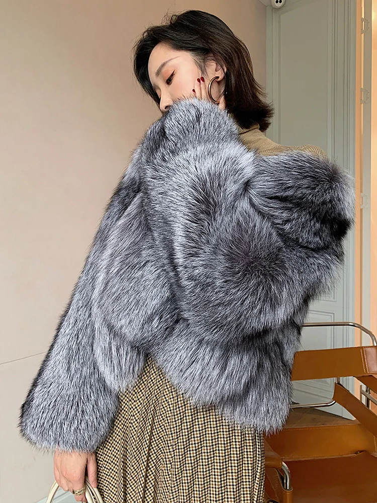 Imported Full Pelt Silver Fox Fur Coats and Jackets Women Covered Button Real Fur Luxury Clothes Women's Long-sleeved Warm Coat