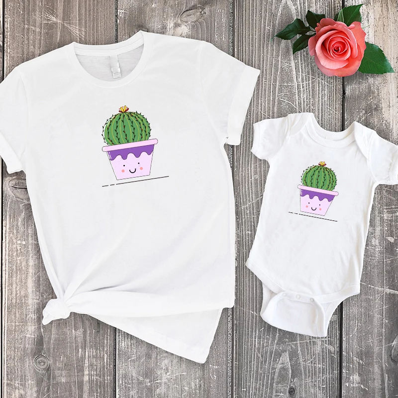 

Cactus Plant Print Shirt Fashion 2022 Mom and Daughter Matching Clothes Flower Tshirt Family Clothing Pattern Big Sister