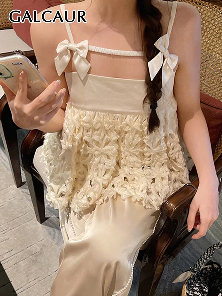 

GALCAUR Patchwork Bowknot Vest For Women Sleeveless Camis Plain Fold Pleated Backless Vests Female 2022 Summer Fashion Clothing