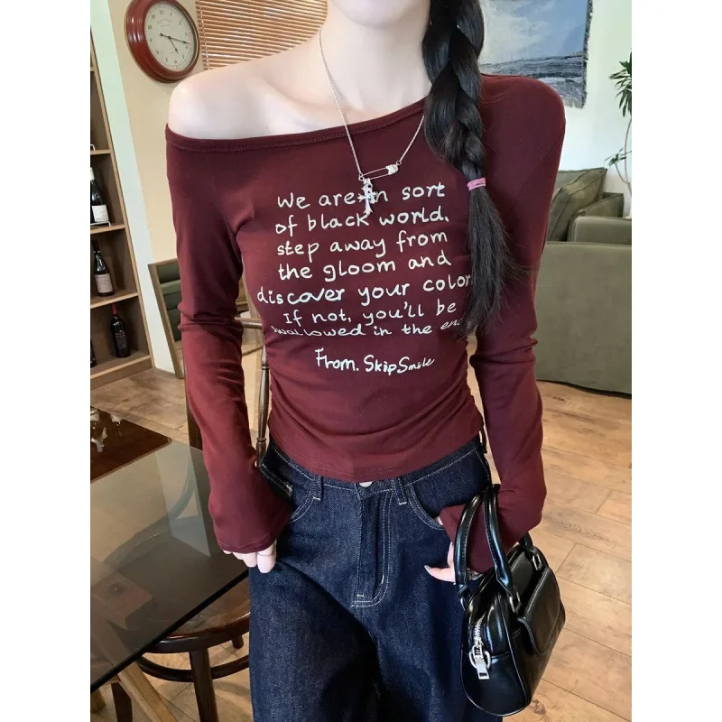 Женская ранняя осень новая футболка с буквенным принтом облегающая талию