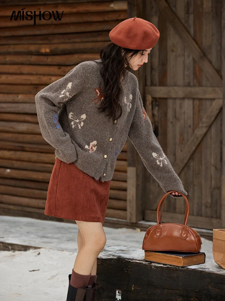 MISHOW серый короткий вязаный кардиган с бабочкой женский однобортный дизайн