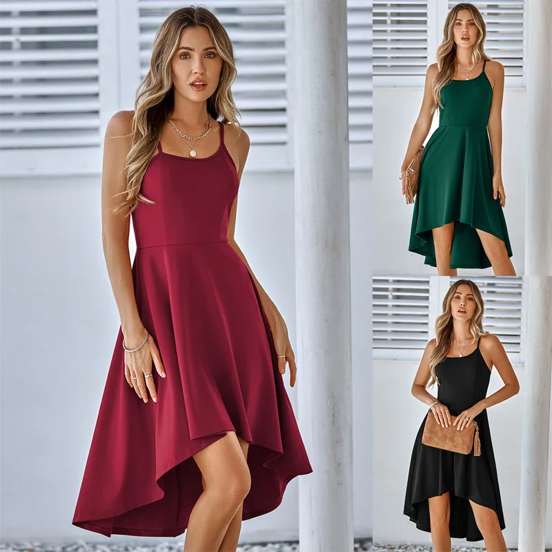 

New Summer Solid Color Casual Ruffle Strap Dress Fashion Women's Mid Waist Irregular Swing Dress