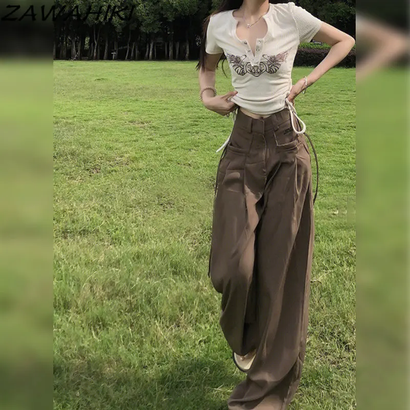 

Американские однотонные спортивные брюки-карго с высокой талией, японские Повседневные Легкие винтажные Всесезонные брюки с широкими штанинами, Y2K, одежда в эстетике