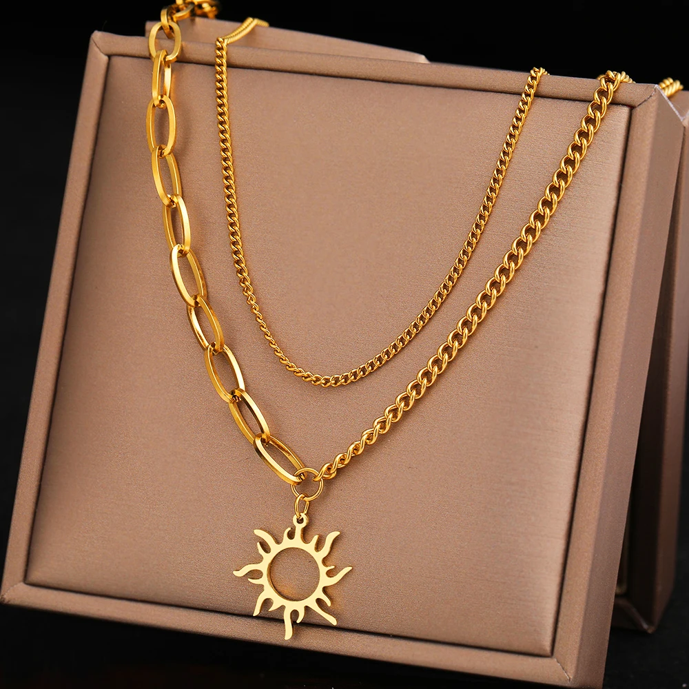 

Ожерелья из нержавеющей стали, легкие Роскошные подвески от солнца, тонкие многослойные цепи Kpop, модное ожерелье-чокер для женщин, ювелирны...