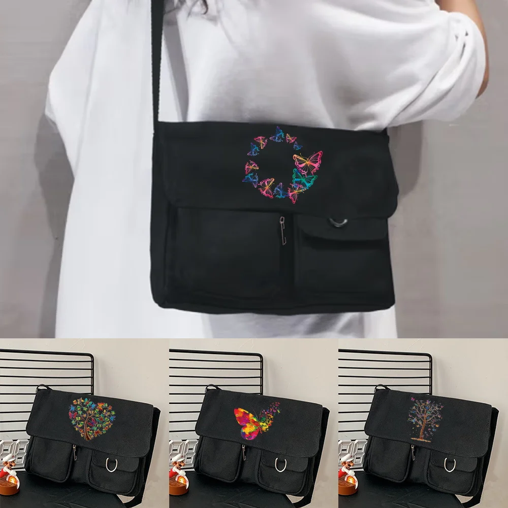 

Women's Canvas Messenger Bag Casual Satchel Handbag Shoulder Large Capacity Tote Bag Female Butterfly Pattern Shopping Bags