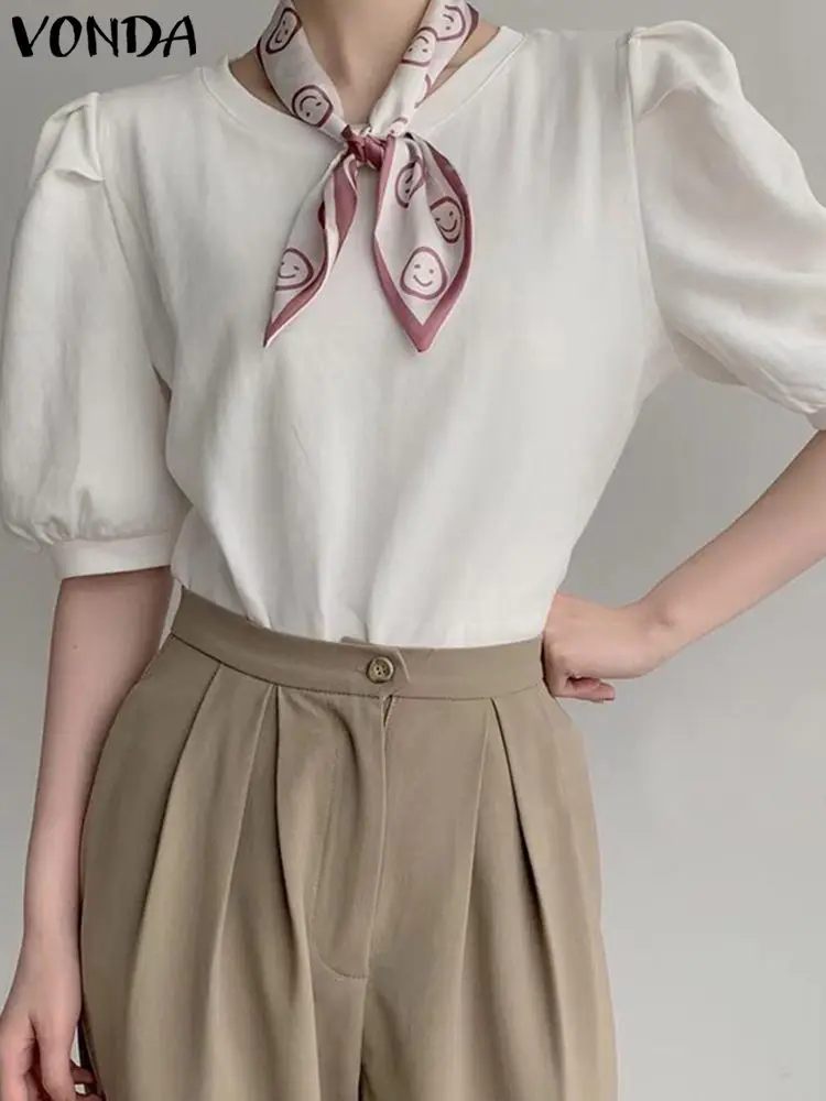 

VONDA Summer Tops 2022 Women Short Puff Sleeve O Neck Solid Stylish Blouses Casual Baggy Pleated Blusas Femininas Elegant Shirts
