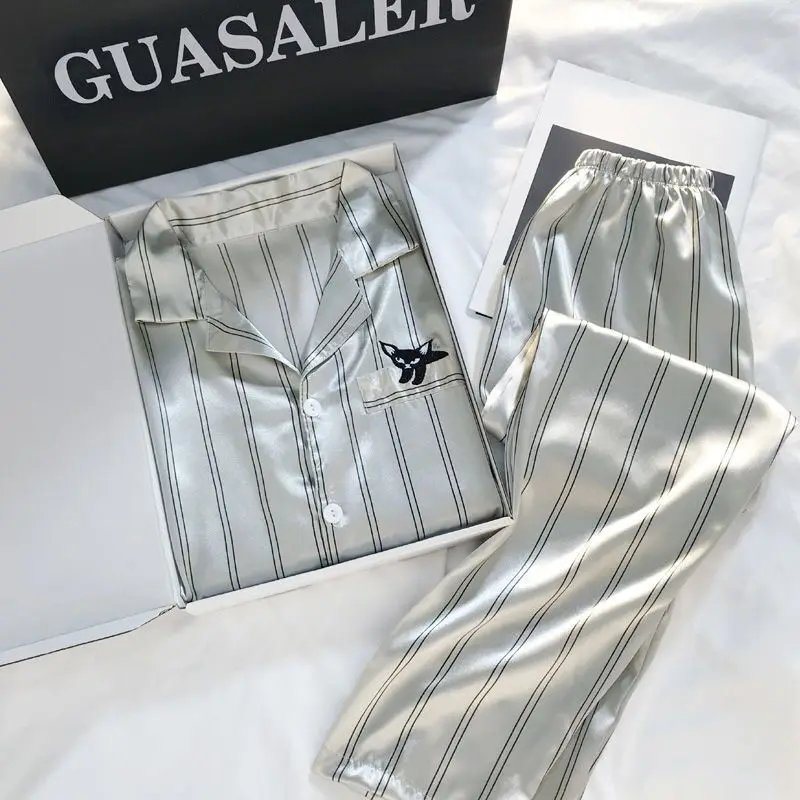 Autumn Men Pajamas Set Ice Silk Nightwear Long Sleeved Sleepwear Spring Sleep Clothing Constellations Nighties Nightdress Suit