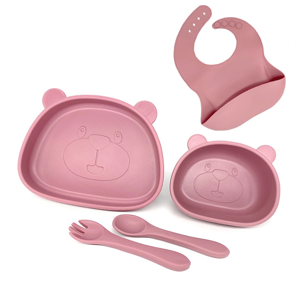 5 Pcs Baby Soft Silicone Bib Suction Cup Bowl Plate Fork Spoon Set Non-skid Children's Dishes Cartoon Bear Dinner Plate BPA Free