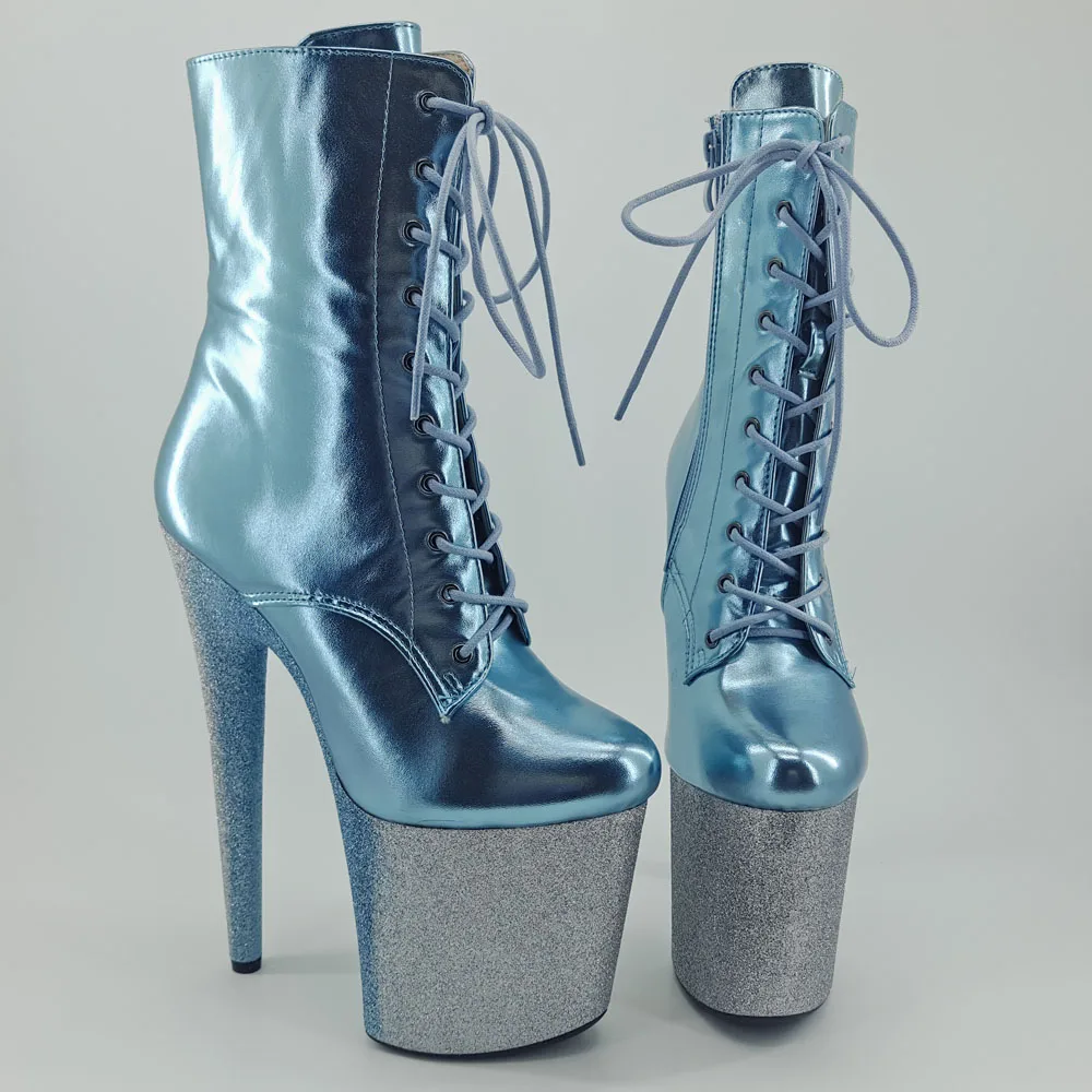 Leecabe  Light blue Glitter 20CM/8inches Pole dancing shoes High Heel platform Boots closed toe Pole Dance boots