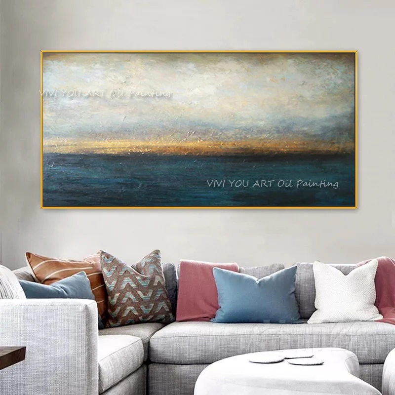 100% ручная работа Абстрактная живопись большого размера современное синее