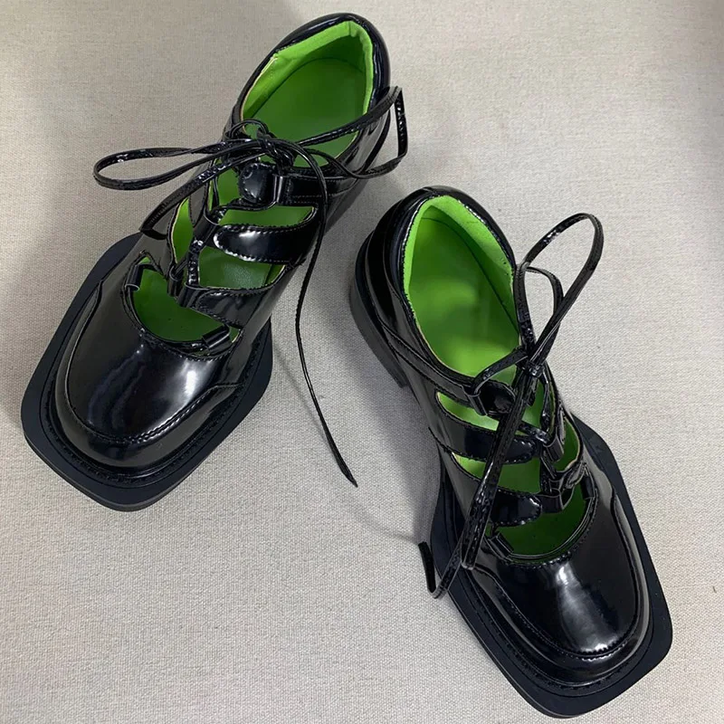 

2022 New Spring Women Pumps Retro Hollow Out Dress Shoes Woman Square Toe Lace-up Zapatos Mujer Chunky Heel Leather Shoes