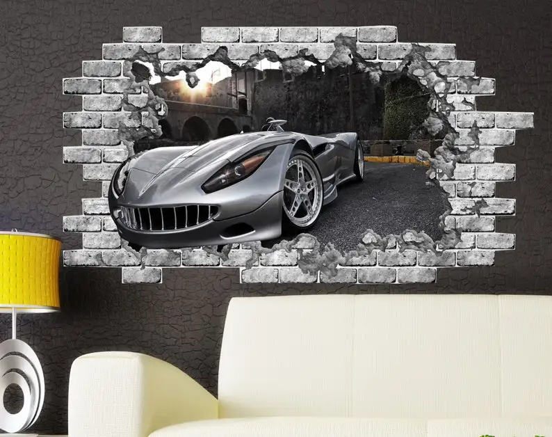

3D Car Wall Decal Nursery Boys 3D Depth Illusion in Hole Luxury Sport Car Wall Decor Vinyl Mural Removable Sticker Decal Poster