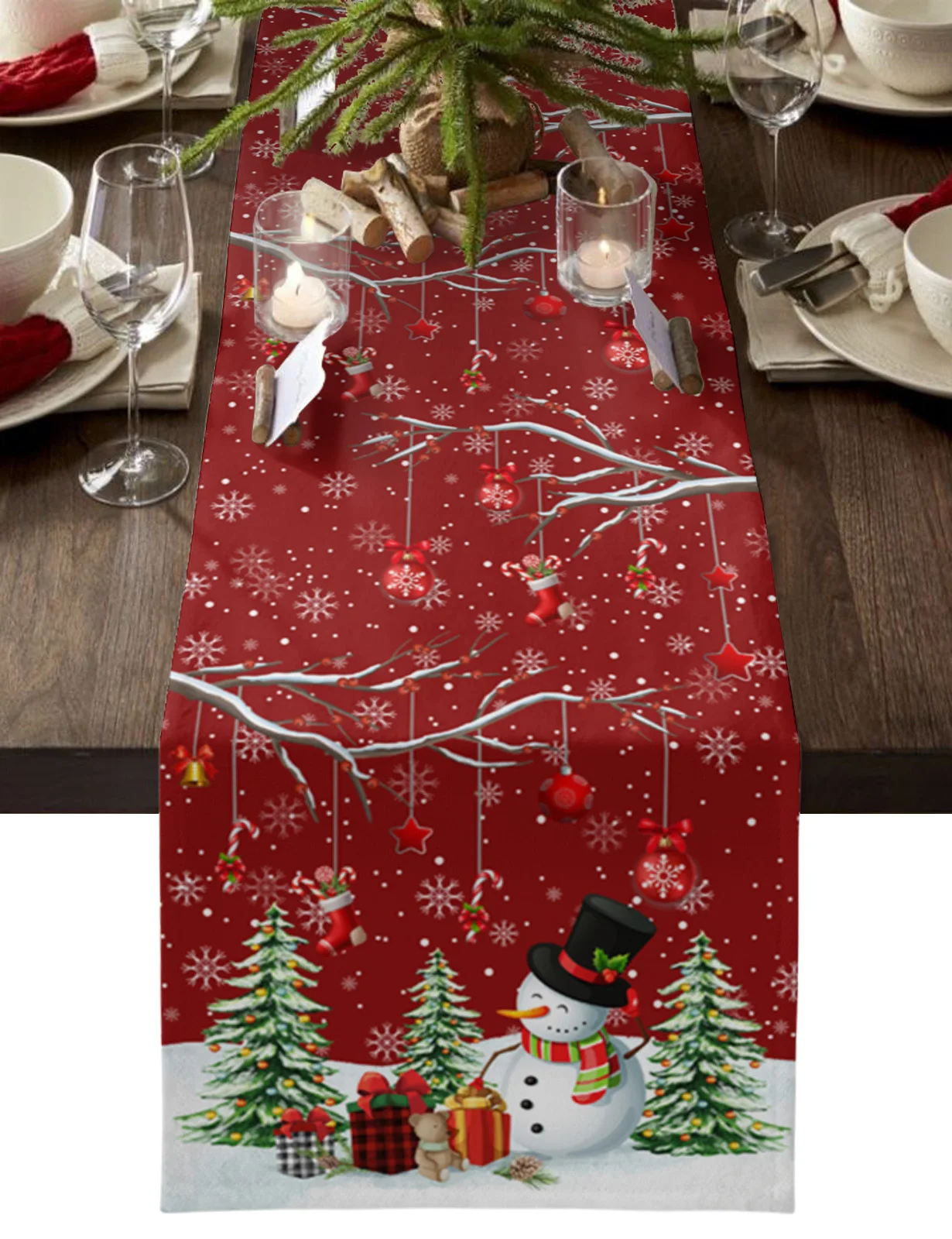 

Christmas Snowman Snowflake Red Table Runner Cotton Linen Wedding Decor Table Runner Christmas Home Table Decor Tablecloth