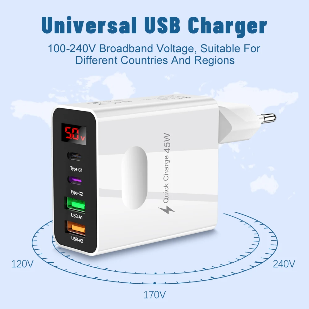 Quick Charge 45W moble phone charger For iPhone Xiaomi Huawei OPPO oneplus Fast Charging charger QC 3.0 LED fast charger adapter