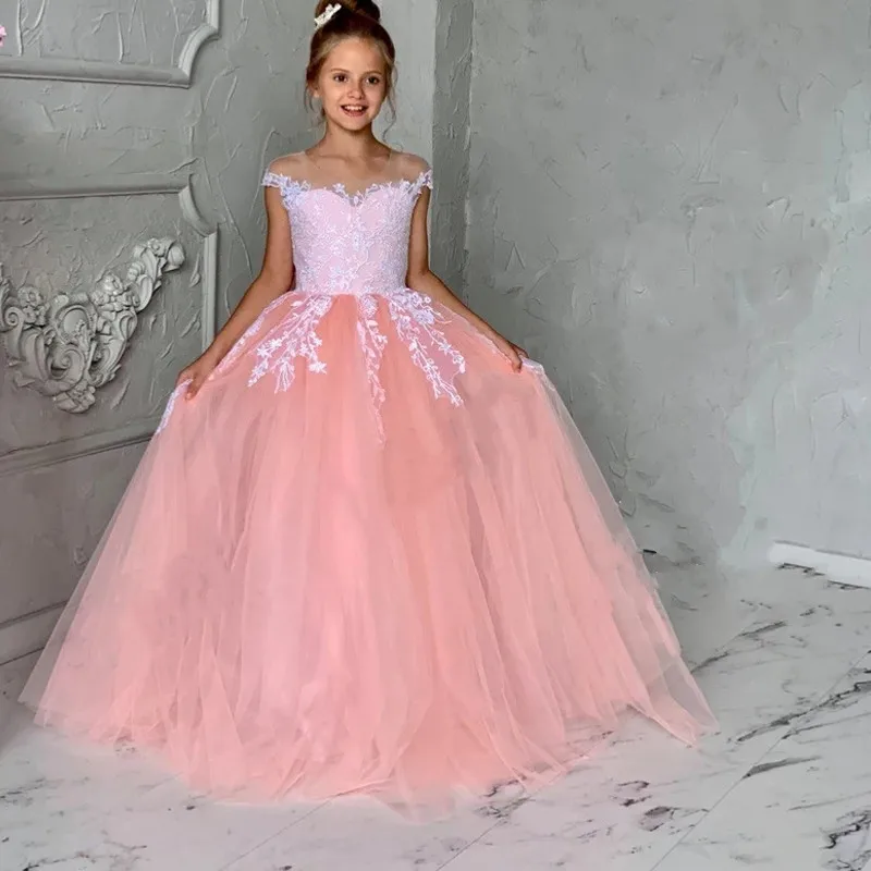 

ТРАПЕЦИЕВИДНОЕ Пышное Платье с цветочным рисунком для девочек, свадебное кружевное платье с вырезом лодочкой и открытой спиной для первого...