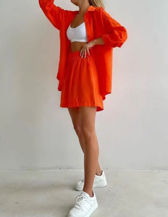

Fashion Loose New Two-Piece Single Breasted Long Sleeve 2023 Hot Selling Shirt Temperament Commuting Casual Women's Shorts Set