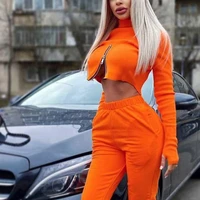 sexy women knitted set two pieces long sleeve top womens t shirt autumn new club party orange zipper long sleeve t shirt women