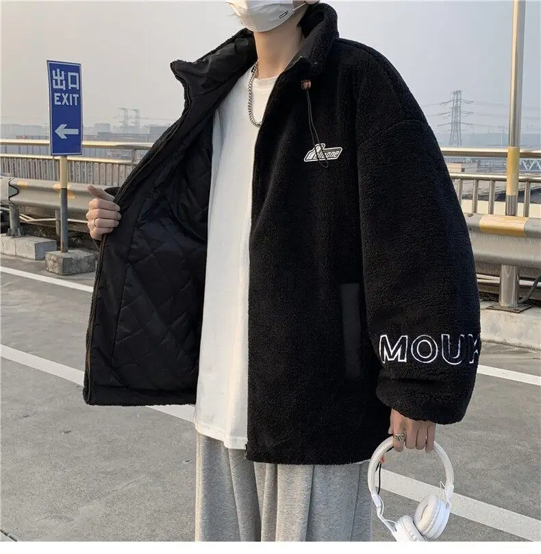 2022 Fashion Winter Coat Men's Jacket Casual Bomber Jacket Stand Collar Zip Up Faux Shearling Shaggy Oversized Shacket Jacket