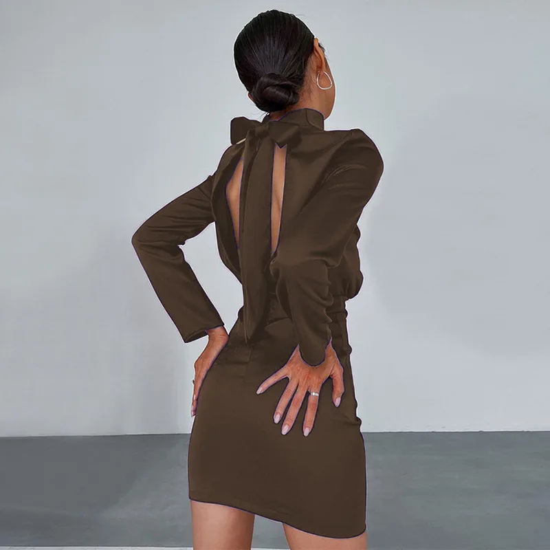 

Модное однотонное облегающее платье с высоким воротником, соблазнительное вечернее платье с бантом и открытой спиной, элегантное женское о...