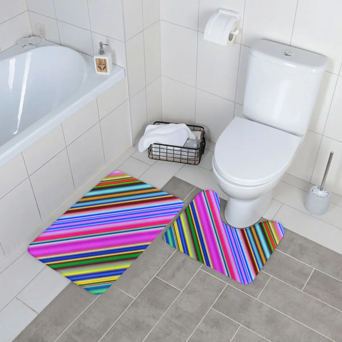 

Colorful Line Bath Mat Multicolored Stripes 2pcs Absorbent Modern Bathroom Mat Set Polyester Foot Bathroom Rug