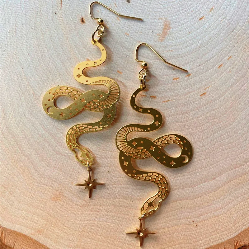 

Gold Snake Earrings, Fashion Creative Jewelry, Gift for Her, Gold Plated, Snake, Stars, Brass Charms, Boho Earrings