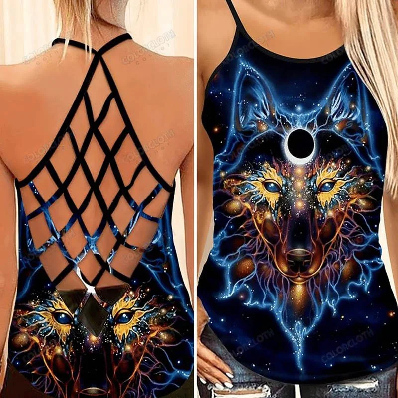 Native Wolf Woman Criss-Cross Open Back Wolf Tank Top Hollow Camisole Tank Top for Women Mother\'s Day Gift